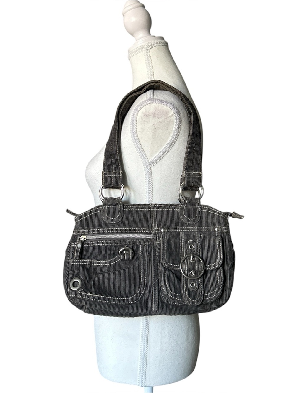 Y2K Grunge Gray Corduroy Utility Style Mini Shoulder Bag